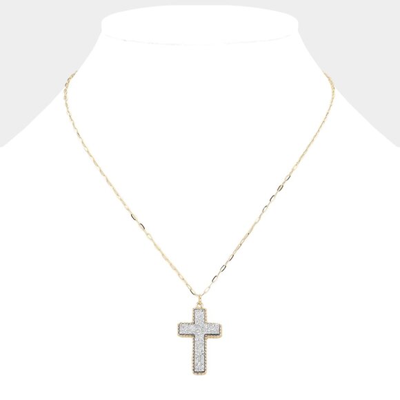 NEW Silver Druzy Stone Sparkle Cross Gold Dipped Natural Stone Necklace - Picture 2 of 2